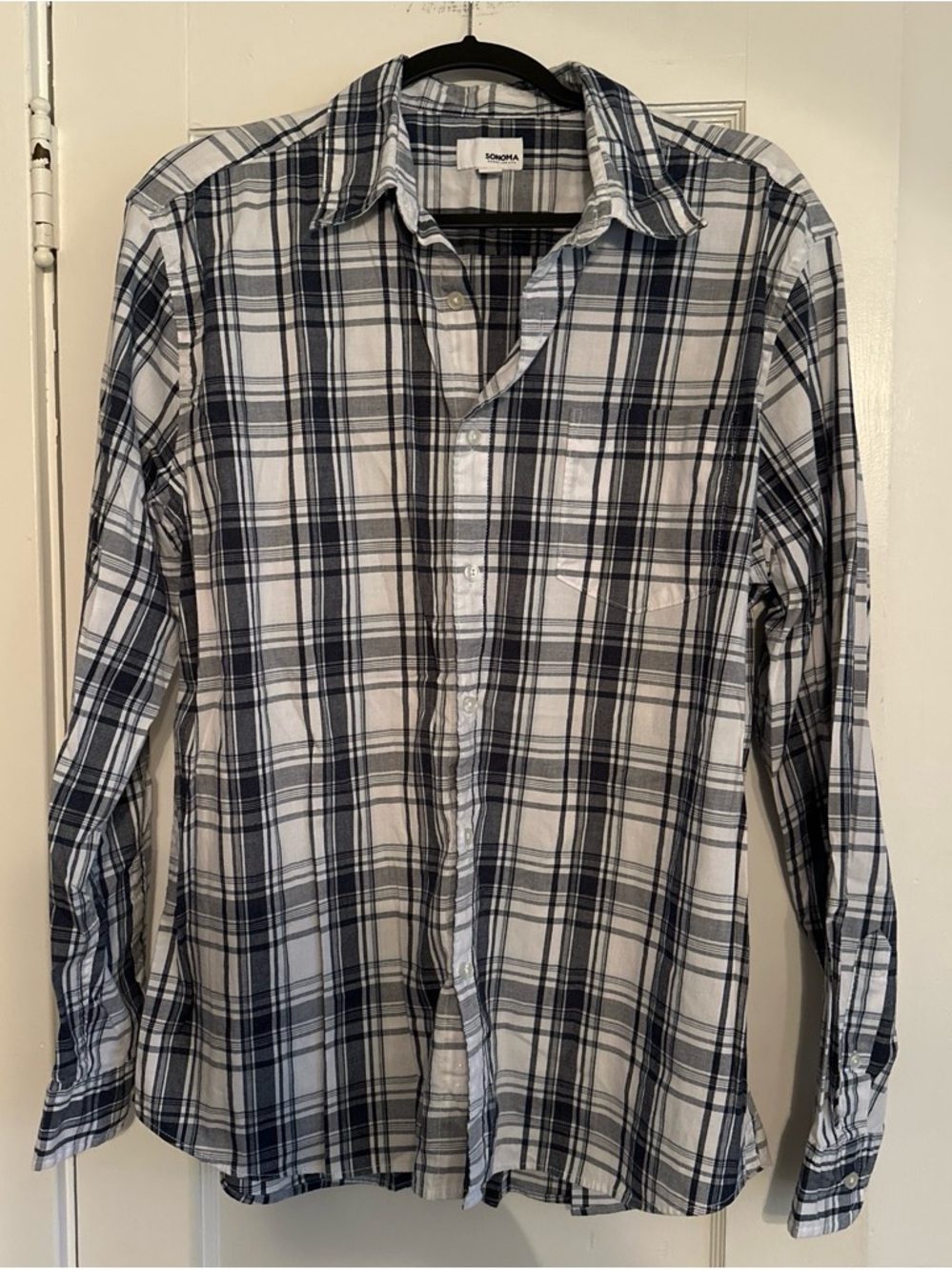 Sonoma White and Navy Plaid Long-Sleeve Button-Down Shirt